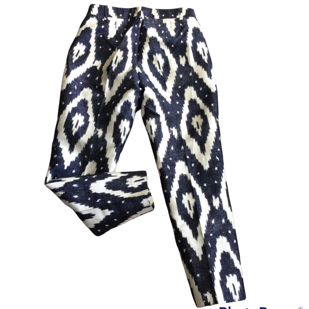 J.Crew Silk Blend Aztec Print Trousers Navy Ivory Straight Leg Women’s 2